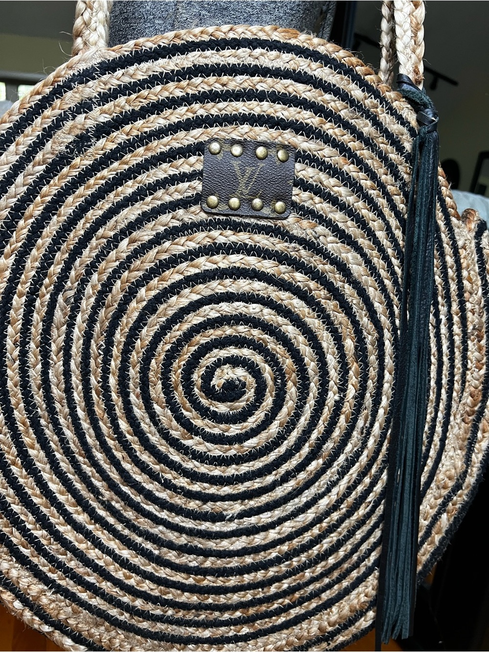 Oversized Woven Jute Tote | Black & Natural | Upcycled Louis Vuitton Accent Tote